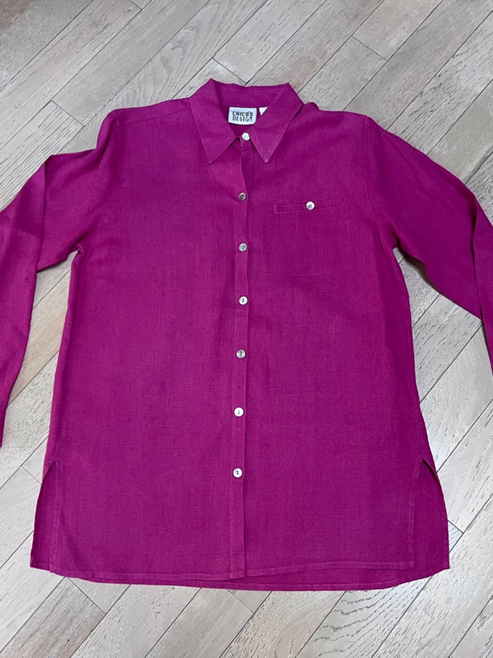 VTG Chicos Design 100% Linen Fuchsia pink button up long sleeve - 0